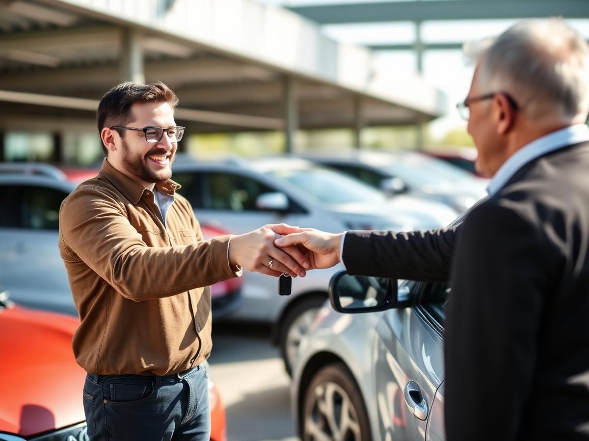 Dealer handing car keys to a happy customer at Corey's Motor Works